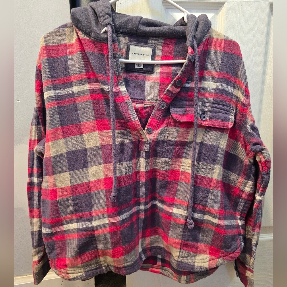 American Eagle Pullover 3/4 Button Down Hooded Fl… - image 1